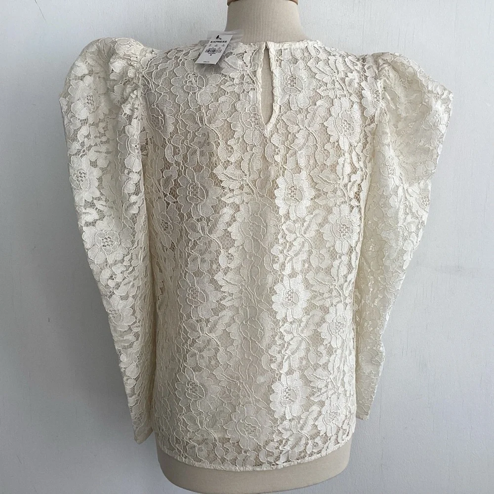 Express ivory lace whimsygoth, Victoriana, cottagecore puff sleeve blouse  M NWT - Picture 6 of 10